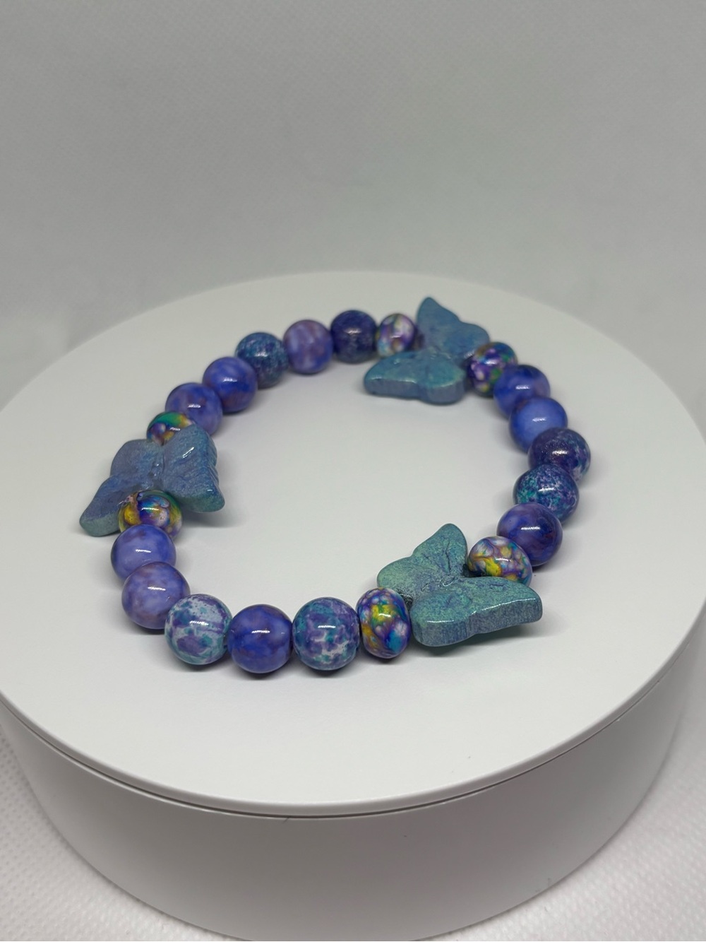Hand Crafted Glass Purple Butterfly Bead Stretch Bracelet